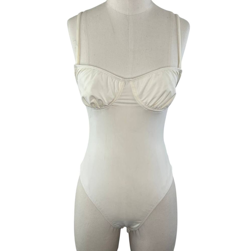 DANIELLE BERNSTEIN NEW Ruched Cup Thong Bodysuit Ivory White Jersey Spandex S